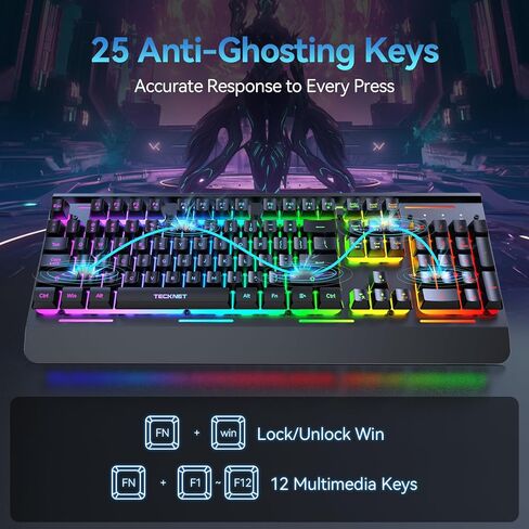 TECKNET Wireless Gaming Keyboard, 2-in-1 (2.4G Wireless & Wired) Computer Keyboard, 15-Zone RGB Keyboard, 4000mAh Rechargeable Battery, Metal Panel, PC Gaming Keyboards (Whisper Quiet Gaming Switch) in Kuwait