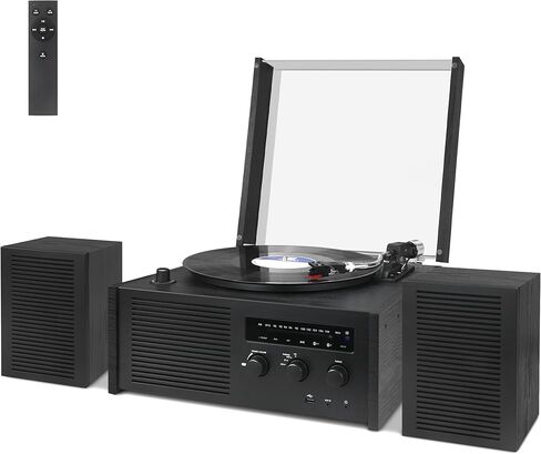 LUXSWAY Vinyl Record Player, Turntable with Bluetooth Input & Output, Vinyl Record Player with Bookshelf Speakers, Belt Drive 2-Speed, USB Encoding, FM Radio, Remote Control, Black Wood in Kuwait