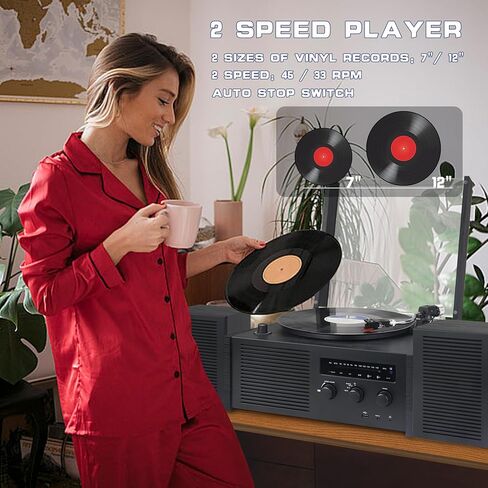 LUXSWAY Vinyl Record Player, Turntable with Bluetooth Input & Output, Vinyl Record Player with Bookshelf Speakers, Belt Drive 2-Speed, USB Encoding, FM Radio, Remote Control, Black Wood in Kuwait