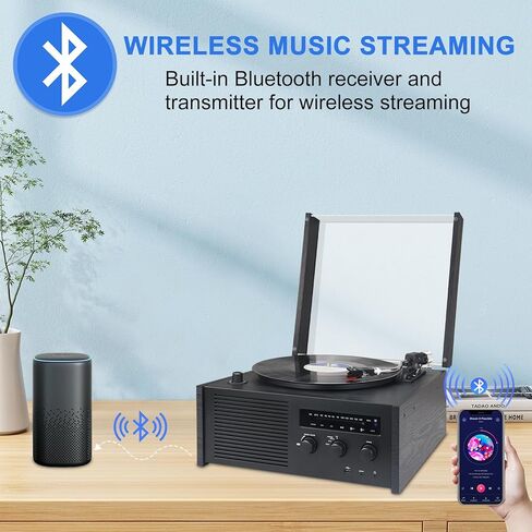 LUXSWAY Vinyl Record Player, Turntable with Bluetooth Input & Output, Vinyl Record Player with Bookshelf Speakers, Belt Drive 2-Speed, USB Encoding, FM Radio, Remote Control, Black Wood in Kuwait