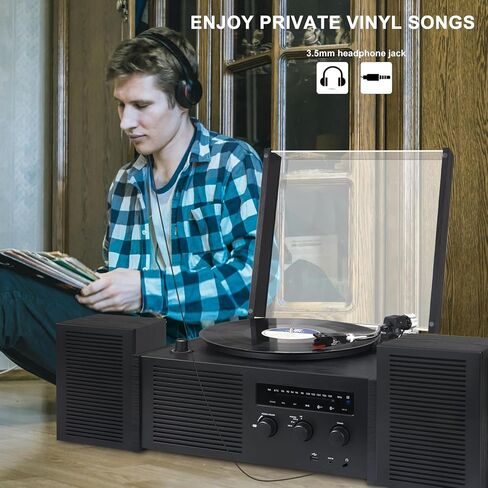 LUXSWAY Vinyl Record Player, Turntable with Bluetooth Input & Output, Vinyl Record Player with Bookshelf Speakers, Belt Drive 2-Speed, USB Encoding, FM Radio, Remote Control, Black Wood in Kuwait