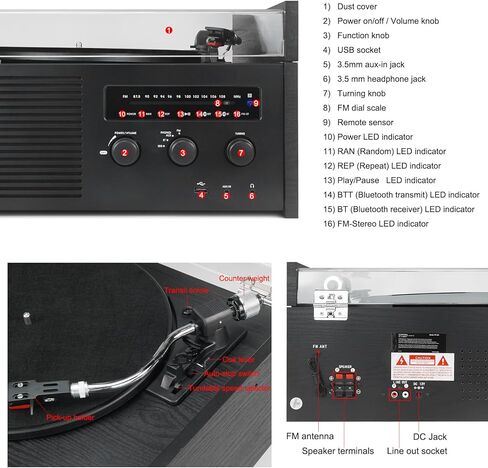 LUXSWAY Vinyl Record Player, Turntable with Bluetooth Input & Output, Vinyl Record Player with Bookshelf Speakers, Belt Drive 2-Speed, USB Encoding, FM Radio, Remote Control, Black Wood in Kuwait