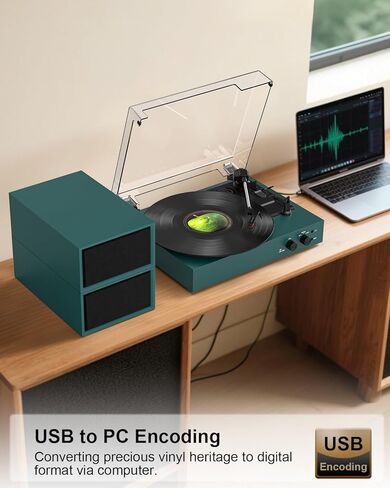 مشغل تسجيل مع مكبرات صوت وترميز USB، قرص دوار من الفينيل LP يعمل بتقنية البلوتوث مع مكبرات صوت خارجية بقدرة 20 وات، 3 سرعات 3 مقاسات، إيقاف تلقائي، غطاء غبار، RCA/AUX، أخضر in Kuwait
