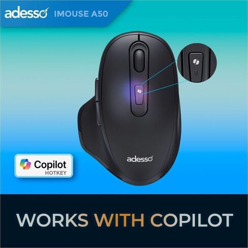 ماوس Adesso iMouse A50 اللاسلكي المريح، بلوتوث ووضع مزدوج 2.4 جيجا هرتز مع مستقبل USB-C، مفتاح التشغيل السريع Copilot AI، 3 مستويات DPI (1000/1600/2400)، 6 أزرار، تصميم لليد اليمنى للنوافذ in Kuwait