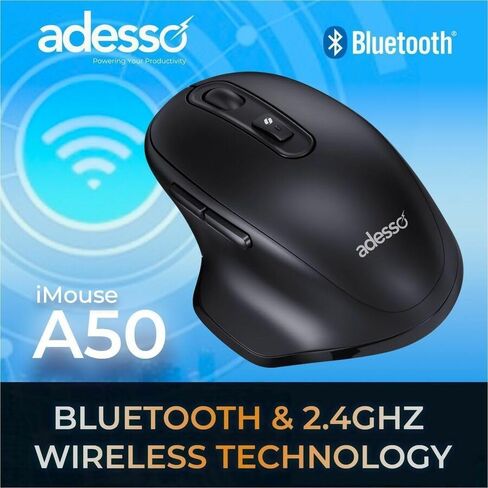 ماوس Adesso iMouse A50 اللاسلكي المريح، بلوتوث ووضع مزدوج 2.4 جيجا هرتز مع مستقبل USB-C، مفتاح التشغيل السريع Copilot AI، 3 مستويات DPI (1000/1600/2400)، 6 أزرار، تصميم لليد اليمنى للنوافذ in Kuwait