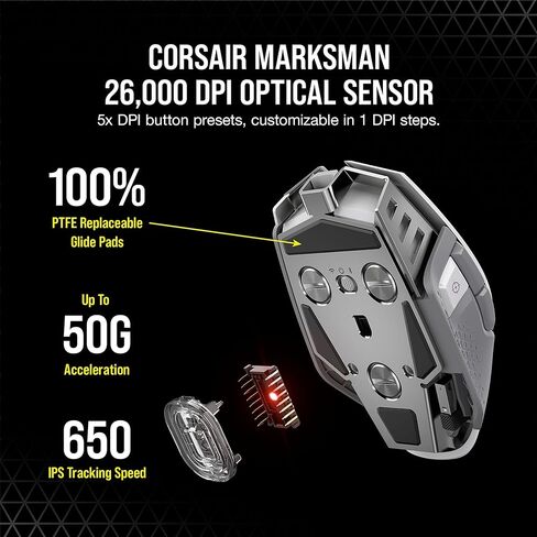 ماوس الألعاب اللاسلكي Corsair M65 RGB Ultra Wireless Tunable FPS - مستشعر بصري 26000 نقطة في البوصة، عمر بطارية يصل إلى 120 ساعة، 8 أزرار قابلة للبرمجة - أبيض (متجدد) (متجدد) in Kuwait