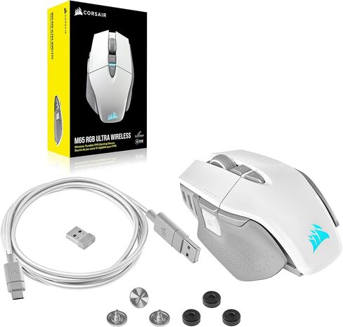 ماوس الألعاب اللاسلكي Corsair M65 RGB Ultra Wireless Tunable FPS - مستشعر بصري 26000 نقطة في البوصة، عمر بطارية يصل إلى 120 ساعة، 8 أزرار قابلة للبرمجة - أبيض (متجدد) (متجدد) in Kuwait