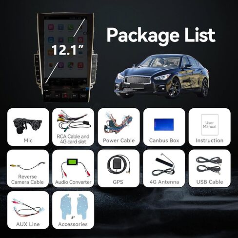 راديو ستيريو للسيارة Android 15 8core 8+128G متوافق مع Infiniti Q50 2015 2016 2017 2018 2019 12.1 بوصة شاشة لمس لاسلكية CarPlay & Android Auto DSP 4G LTE 5G WiFi BT GPS Navigation Bluetooth in Kuwait