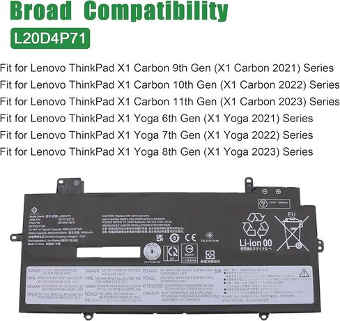 استبدال بطارية الكمبيوتر المحمول L20D4P71 لجهاز Lenovo ThinkPad X1 Carbon 9th 10th 11th Gen X1 Yoga 6th 7th Gen Series SB10T83218 5B10W13975 L20L4P71 SB10T83215 L20M4P71 L20C4P71 15.44V 57Wh in Kuwait