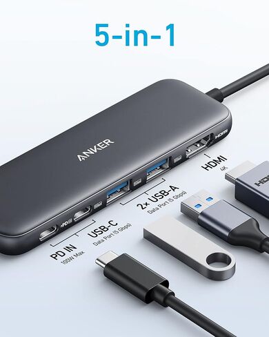 موزع Anker USB C، 332 USB-C Hub (5 في 1) مع شاشة HDMI 4K، منفذ بيانات USB-C بسرعة 5 جيجابت في الثانية ومنفذي بيانات USB-A بسرعة 5 جيجابت في الثانية كابل HDMI 8K@60 هرتز، سرعة فائقة 4K@120 هرتز 48 جيجابت في الثانية 6.6 قدم in Kuwait
