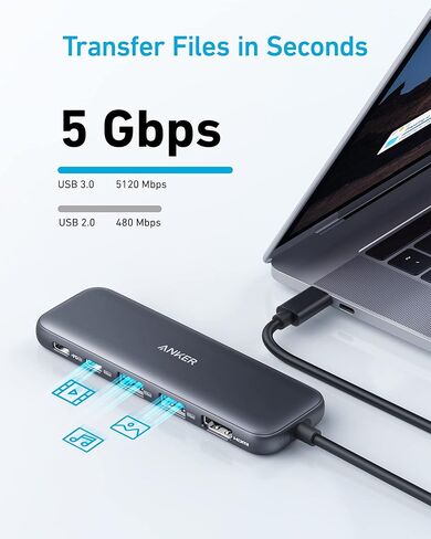 موزع Anker USB C، 332 USB-C Hub (5 في 1) مع شاشة HDMI 4K، منفذ بيانات USB-C بسرعة 5 جيجابت في الثانية ومنفذي بيانات USB-A بسرعة 5 جيجابت في الثانية كابل HDMI 8K@60 هرتز، سرعة فائقة 4K@120 هرتز 48 جيجابت في الثانية 6.6 قدم in Kuwait