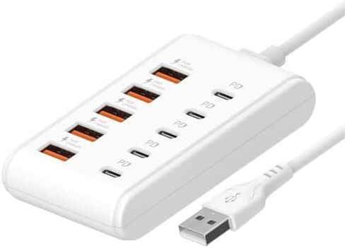 موديل جديد 2026 مزود بـ 10 منافذ: 5 واجهات PD من النوع C و5 واجهات USB-A، مناسب لأجهزة الكمبيوتر المحمولة والأجهزة اللوحية والأجهزة المتعددة. مركز طاقة صغير الحجم لمساحة العمل الخاصة بك، يتميز بشحن سريع (أبيض) in Kuwait