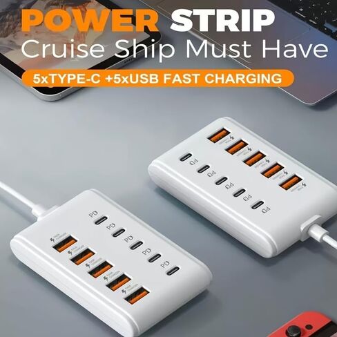 موديل جديد 2026 مزود بـ 10 منافذ: 5 واجهات PD من النوع C و5 واجهات USB-A، مناسب لأجهزة الكمبيوتر المحمولة والأجهزة اللوحية والأجهزة المتعددة. مركز طاقة صغير الحجم لمساحة العمل الخاصة بك، يتميز بشحن سريع (أبيض) in Kuwait