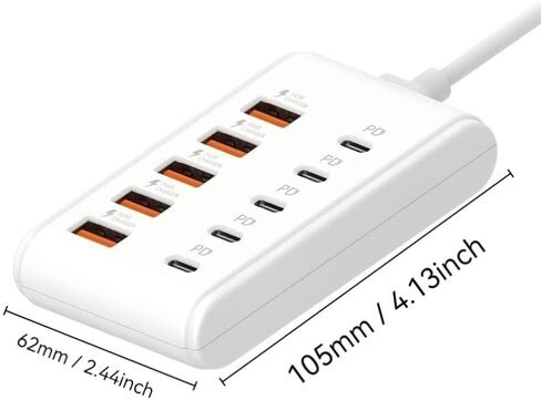 موديل جديد 2026 مزود بـ 10 منافذ: 5 واجهات PD من النوع C و5 واجهات USB-A، مناسب لأجهزة الكمبيوتر المحمولة والأجهزة اللوحية والأجهزة المتعددة. مركز طاقة صغير الحجم لمساحة العمل الخاصة بك، يتميز بشحن سريع (أبيض) in Kuwait