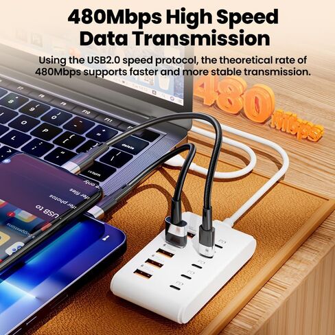 موديل جديد 2026 مزود بـ 10 منافذ: 5 واجهات PD من النوع C و5 واجهات USB-A، مناسب لأجهزة الكمبيوتر المحمولة والأجهزة اللوحية والأجهزة المتعددة. مركز طاقة صغير الحجم لمساحة العمل الخاصة بك، يتميز بشحن سريع (أبيض) in Kuwait