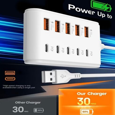 موديل جديد 2026 مزود بـ 10 منافذ: 5 واجهات PD من النوع C و5 واجهات USB-A، مناسب لأجهزة الكمبيوتر المحمولة والأجهزة اللوحية والأجهزة المتعددة. مركز طاقة صغير الحجم لمساحة العمل الخاصة بك، يتميز بشحن سريع (أبيض) in Kuwait