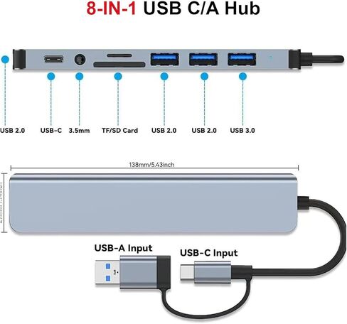 موزع USB C/USB، ألومنيوم مزدوج الرأس 8 في 1 مع منافذ USB3.0/2.0 لأجهزة الكمبيوتر/أجهزة الكمبيوتر المحمولة/MacBook Pro/Air/iMac/iPad والمزيد من الأجهزة in Kuwait