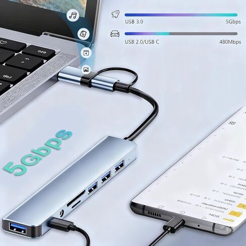 موزع USB C/USB، ألومنيوم مزدوج الرأس 8 في 1 مع منافذ USB3.0/2.0 لأجهزة الكمبيوتر/أجهزة الكمبيوتر المحمولة/MacBook Pro/Air/iMac/iPad والمزيد من الأجهزة in Kuwait