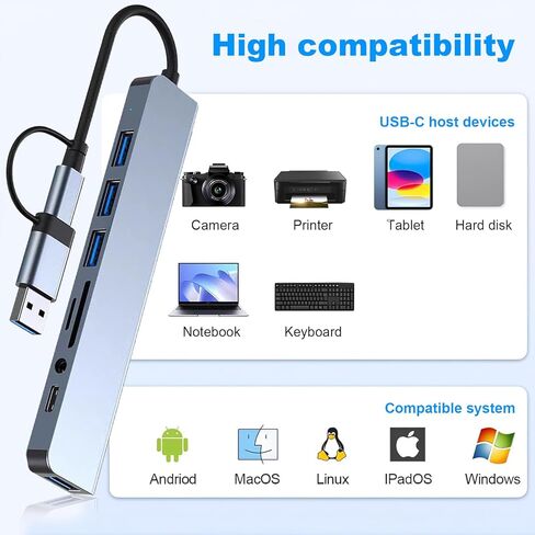موزع USB C/USB، ألومنيوم مزدوج الرأس 8 في 1 مع منافذ USB3.0/2.0 لأجهزة الكمبيوتر/أجهزة الكمبيوتر المحمولة/MacBook Pro/Air/iMac/iPad والمزيد من الأجهزة in Kuwait