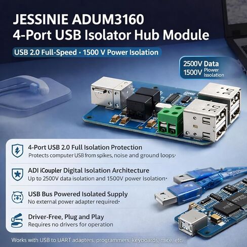 وحدة محور عازل USB ذات 4 منافذ ADUM3160، USB 2.0 كامل السرعة، عزل طاقة 1500 فولت in Kuwait