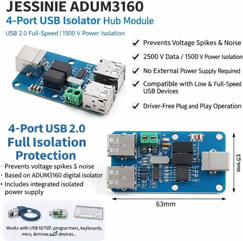 وحدة محور عازل USB ذات 4 منافذ ADUM3160، USB 2.0 كامل السرعة، عزل طاقة 1500 فولت in Kuwait