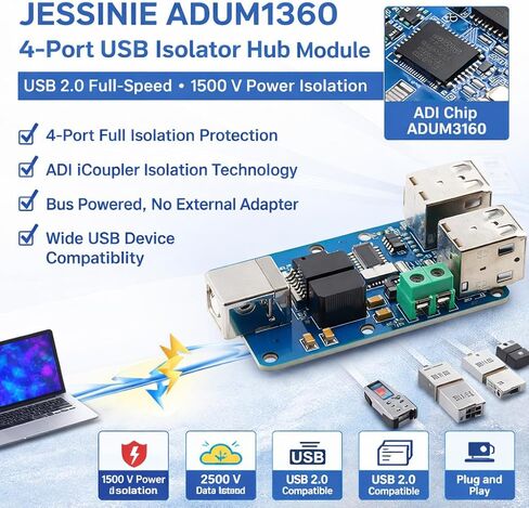 وحدة محور عازل USB ذات 4 منافذ ADUM3160، USB 2.0 كامل السرعة، عزل طاقة 1500 فولت in Kuwait