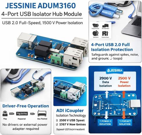 وحدة محور عازل USB ذات 4 منافذ ADUM3160، USB 2.0 كامل السرعة، عزل طاقة 1500 فولت in Kuwait