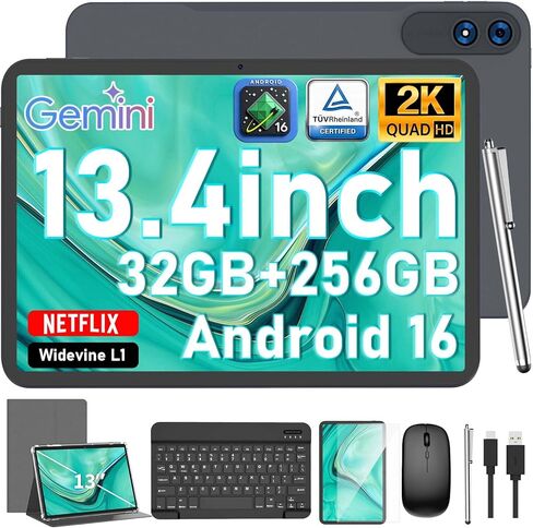 تابلت 13 بوصة، تابلت Android 16 مع لوحة مفاتيح، 32 جيجابايت + 256 جيجابايت + 2 تيرابايت، شاشة IPS 120 هرتز 1920 × 1200 IPS، Gemini AI، 10000 مللي أمبير، 8 النواة، واي فاي، نظام تحديد المواقع العالمي، شاشة كبيرة 2K كمبيوتر لوحي مع حافظة، ماوس، قلم (فضي) in Kuwait
