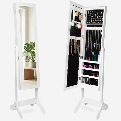 DECOMIL LED Light Jewelry Cabinet Armoire with Mirror, Large Storage 57" Tall Mirrored Armoire Box Necklace Ring 27 Hook Girls Women, Modern, White (White with Hanger) in Saudi Arabia