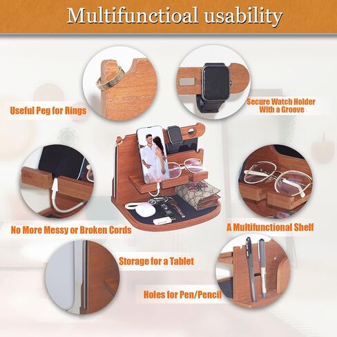 Krismax Wood Phone Docking Station for Men, Husband, Dad.-Nightstand & Desk Organizer-Anniversary Idea from Wife-Wallet, Key Holder,Watch & Essentials in Kuwait