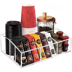 Coffee Station Organizer for Countertop - Clear Acrylic Coffee Bar Accessories and Organizer with Removable Dividers for Pods Condiment Syrup Tea Cups Stirrers Tea Bag - Farmhouse Table Decor in Saudi Arabia