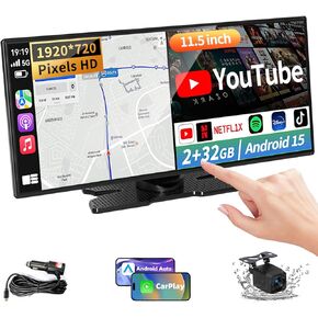 أكبر شاشة CarPlay لاسلكية مقاس 11.5 بوصة للسيارة، مدمجة في N-etflix/YouTube/TikTok وتطبيقات أخرى، شاشة A-pple CarPlay وAndroid Auto مع كاميرا احتياطية بدقة 1080 بكسل/ملاحة/تحكم صوتي، لجميع المركبات in Kuwait
