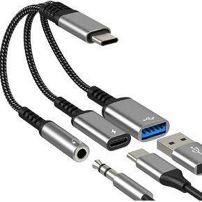 Aux to USB C Adapter (3in1) Headphone for Iphone 17 16 15 Audio 3.5mm Jack Splitter Cable Type C for Apple Cord Charger Dongle USB 3.0 OTG Dual Charging for Ipad Car Macbook Compatible for Samsung S25 in Kuwait