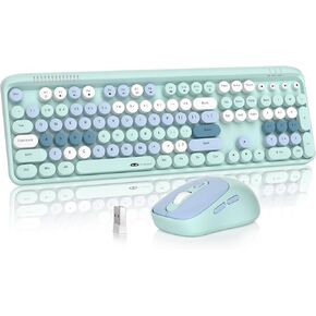 MageGee V920 Wireless Keyboard and Mouse, Full-Sized Retro Typewriter Keyboard with Round Keycaps, Sleep Mode, Tilt Legs, 2.4GHz Silent Office Keyboard Mouse Combo for PC/Desktop/Laptop (Blue) in Saudi Arabia