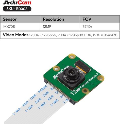 Arducam لوحدة كاميرا Raspberry Pi 3، 12 ميجابكسل IMX708 75 درجة (D) كاميرا Pi بتركيز ثابت V3، لـ Raspberry Pi 5/4B/3B+، Zero in Kuwait