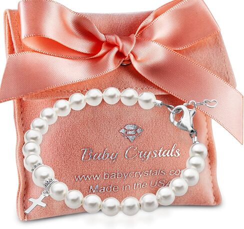 Baby Crystals Baptism Pearl Bracelet for Girls, Sterling Silver Cross Charm Baptism Gifts for Girl with white European simulated Pearls, elegant Girls Jewelry in Saudi Arabia