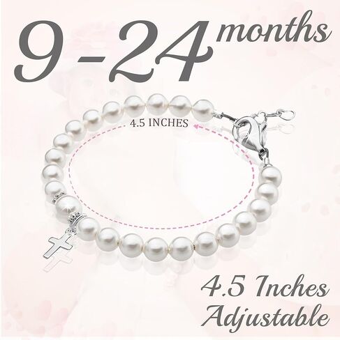 Baby Crystals Baptism Pearl Bracelet for Girls, Sterling Silver Cross Charm Baptism Gifts for Girl with white European simulated Pearls, elegant Girls Jewelry in Saudi Arabia