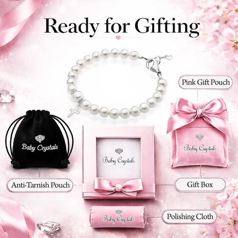 Baby Crystals Baptism Pearl Bracelet for Girls, Sterling Silver Cross Charm Baptism Gifts for Girl with white European simulated Pearls, elegant Girls Jewelry in Saudi Arabia