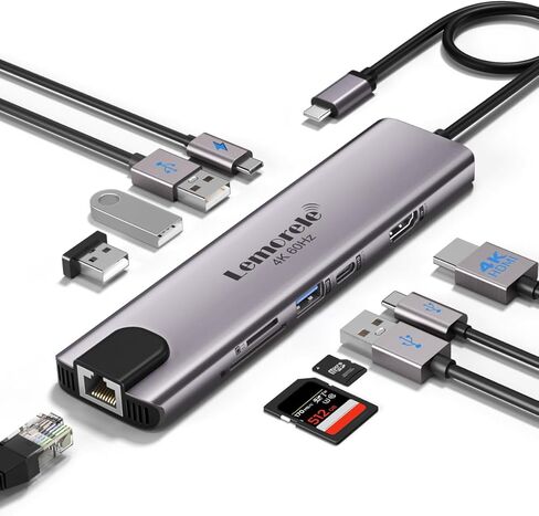 Lemorele USB C Hub Multiport Adapter 10-in-1 for MacBook Pro with HDMI 4K 60Hz, Gigabit Ethernet, 100W Power Delivery, 2 USB 3.0 Ports, SD/TF Card Reader, for HP/Dell/Lenovo Laptops in Kuwait
