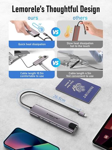 Lemorele USB C Hub Multiport Adapter 10-in-1 for MacBook Pro with HDMI 4K 60Hz, Gigabit Ethernet, 100W Power Delivery, 2 USB 3.0 Ports, SD/TF Card Reader, for HP/Dell/Lenovo Laptops in Kuwait