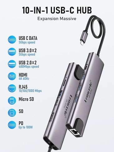 Lemorele USB C Hub Multiport Adapter 10-in-1 for MacBook Pro with HDMI 4K 60Hz, Gigabit Ethernet, 100W Power Delivery, 2 USB 3.0 Ports, SD/TF Card Reader, for HP/Dell/Lenovo Laptops in Kuwait