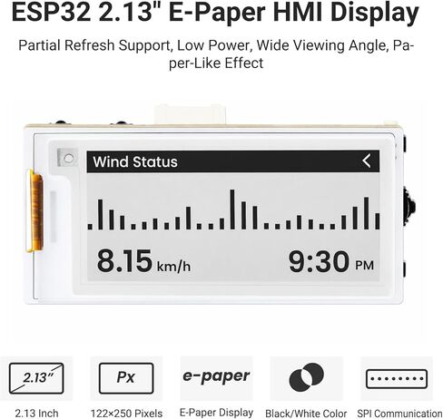شاشة حبر إلكتروني مقاس 2.13 بوصة مع لوحة تطوير ESP32-S3، شاشة عرض ورق إلكتروني باللونين الأسود/الأبيض بدقة 122 × 250، مدفوعة بواجهة SPI، واستهلاك طاقة منخفض للغاية (بدون علبة أكريليك) in Kuwait