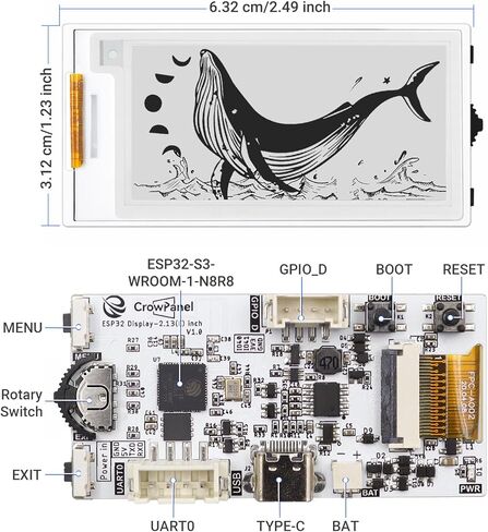 شاشة حبر إلكتروني مقاس 2.13 بوصة مع لوحة تطوير ESP32-S3، شاشة عرض ورق إلكتروني باللونين الأسود/الأبيض بدقة 122 × 250، مدفوعة بواجهة SPI، واستهلاك طاقة منخفض للغاية (بدون علبة أكريليك) in Kuwait
