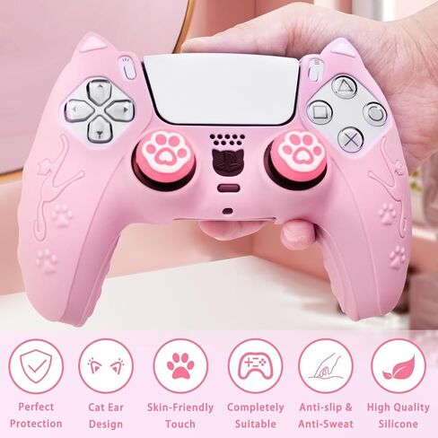 Defsedar Adorable Cat Paw for PS5 Controller Skins، غطاء واقٍ من السيليكون الوردي مع غطاءين لمقبض Cat Paw، جلد ناعم مضاد للانزلاق متوافق مع وحدة تحكم PlayStation 5 in Kuwait