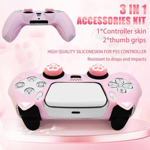 Defsedar Adorable Cat Paw for PS5 Controller Skins، غطاء واقٍ من السيليكون الوردي مع غطاءين لمقبض Cat Paw، جلد ناعم مضاد للانزلاق متوافق مع وحدة تحكم PlayStation 5 in Kuwait
