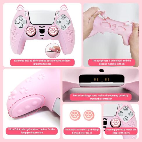Defsedar Adorable Cat Paw for PS5 Controller Skins، غطاء واقٍ من السيليكون الوردي مع غطاءين لمقبض Cat Paw، جلد ناعم مضاد للانزلاق متوافق مع وحدة تحكم PlayStation 5 in Kuwait