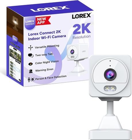 Lorex Connect 2K Indoor Wi-Fi Camera | New APP | Color Night Vision | Person & Face Recognition | Versatile Mounting | 2-Way Talk | 24/7 Recording | Privacy Mode | Local SD or Cloud Storage Option in Kuwait
