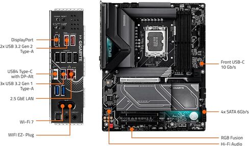 اللوحة الأم GIGABYTE Z890 Eagle WIFI7 Plus Intel LGA 1851 ATX، تدعم Core Ultra (السلسلة 2)، DDR5، 14+1+2 مرحلة طاقة، 4X M.2، PCIe 5.0، USB4، WiFi 7، 2.5 جيجا بايت، EZ-Latch، D5 Bionic Corsa in Kuwait