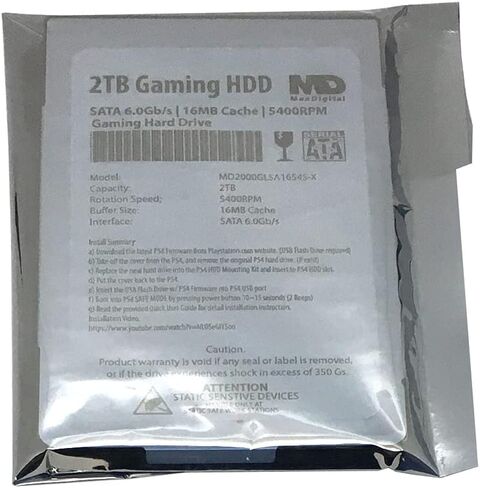 MaxDigitalData (MD2000GLSA1654S-PS) 2 تيرابايت 5400 دورة في الدقيقة 8 ميجابايت كاش (7 ملم) SATA 6.0 جيجابايت/ثانية 2.5 بوصة محرك الأقراص الصلبة للألعاب (لجهاز PS4) - ضمان لمدة عامين in Kuwait