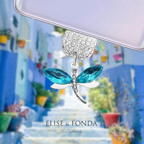 ELISE & FONDA TP536 Type-C منفذ شحن كريستال مضاد للغبار قابس هاتف خلوي صغير على شكل اليعسوب لهواتف iPhone 15/16/Samsung/OnePlus/Xiaomi/oppo Android (أزرق) in Kuwait